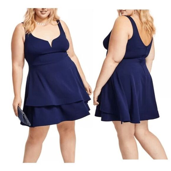 B Darlin Plus Size Tiered Navy Dress | 20W | Notched Neck | A-Line | Lined - Picture 1 of 7
